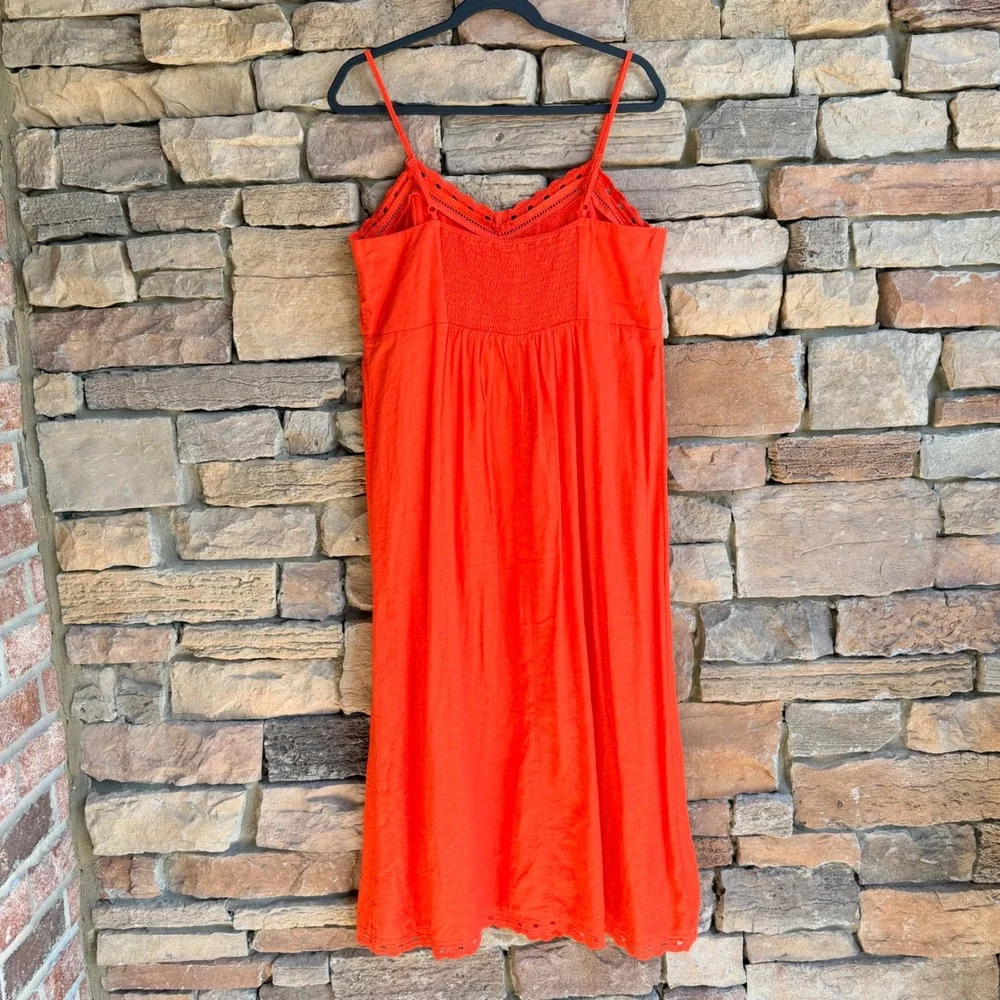 Gap L Linen Blend Orange Eyelet Trim Maxi Slip Dress Coastal Cottage Vacation - Picture 4 of 14